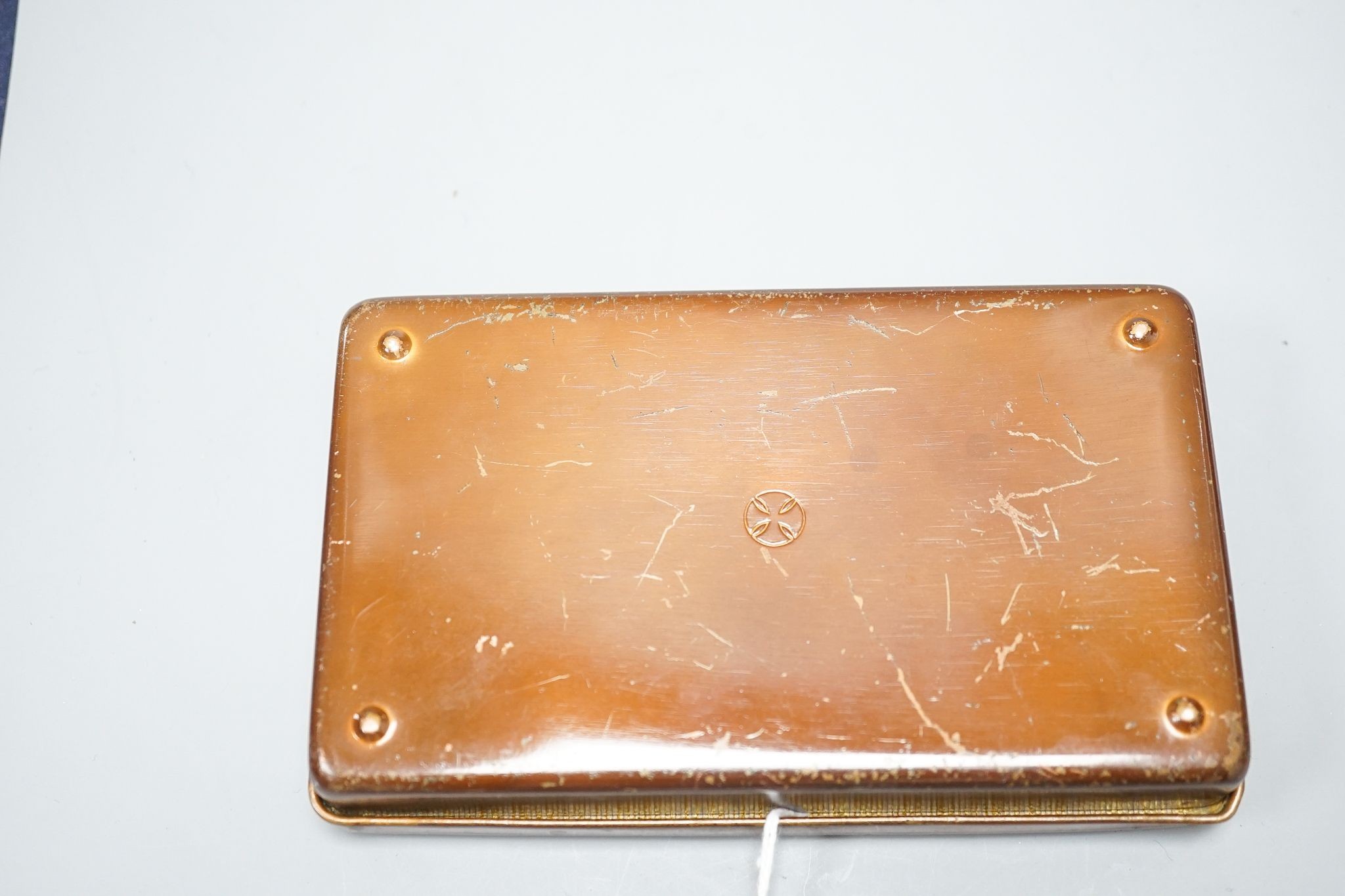 A Japanese copper, enamelled tin by Ando, 15 cms wide x 8.5 cms deep.